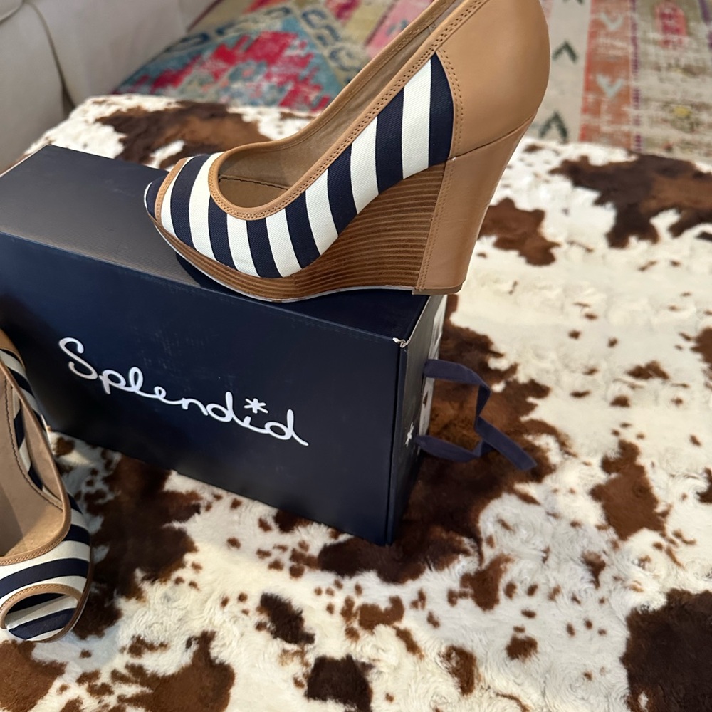 Splendid Navy and White Striped Peep-Toe Wedges with Tan Trim - Picture 3 of 7